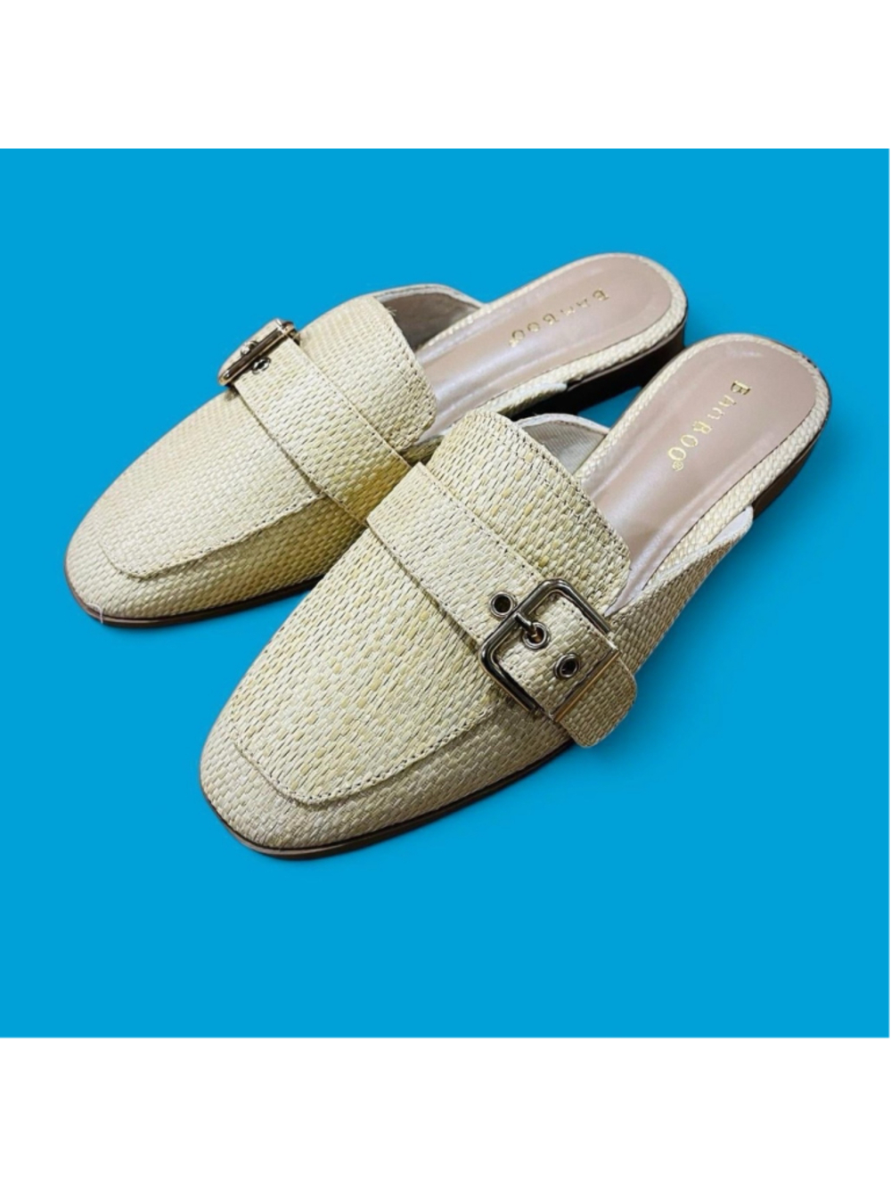 Bamboo Raffia Woven Mule Loafers Women 7.5 Cream Gold Buckle Slip On NEW